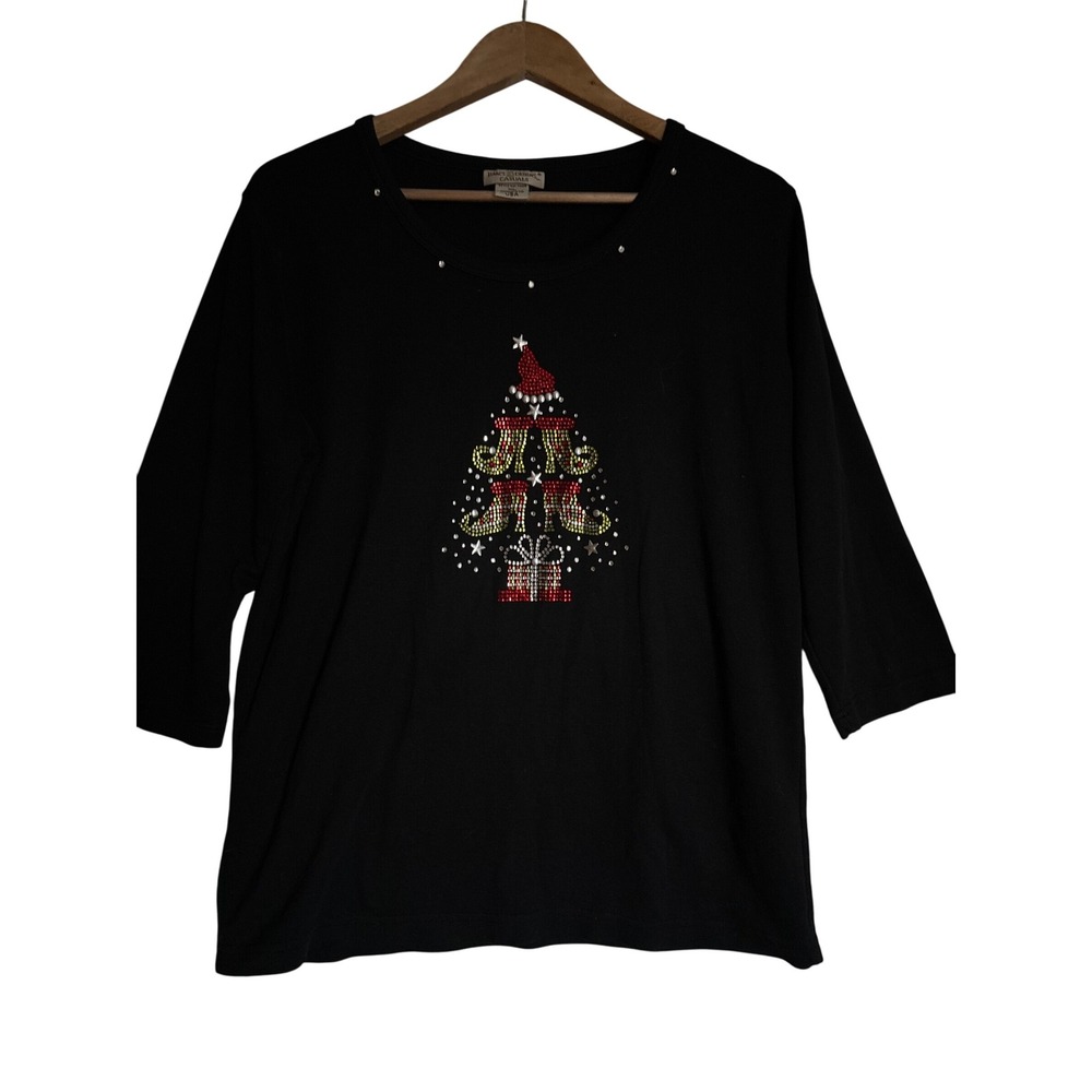 Isaacs Designs Christmas Tree Rhinestone 3/4 Sleeve Black Top XL Holidays Party